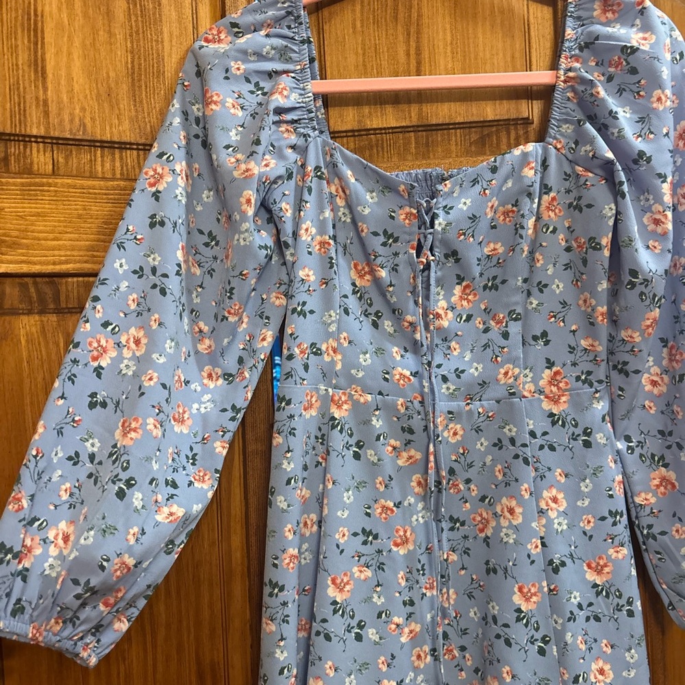Abercrombie & Fitch Dusty Blue Floral Square Neck Mini Dress - Picture 2 of 6